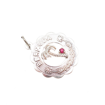 925 Sterling Silver Vintage Pink Rhinestone Bermuda Palm Tree Charm Pendant