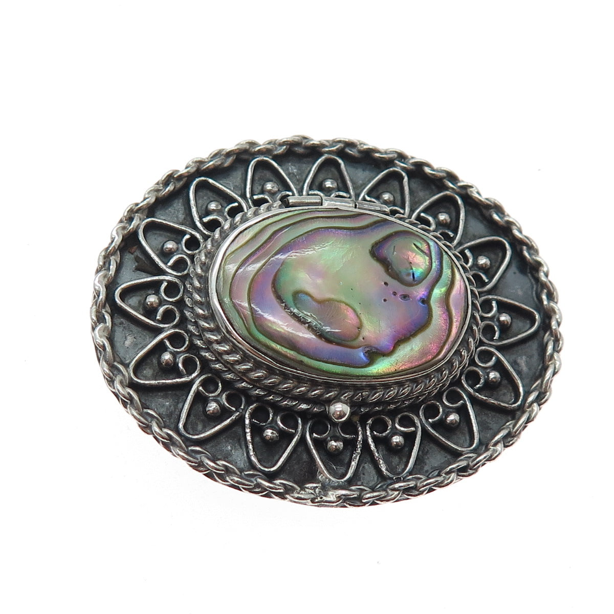 925 Sterling Silver Vintage Mexico Abalone Shell Locket Pin Brooch / Pendant