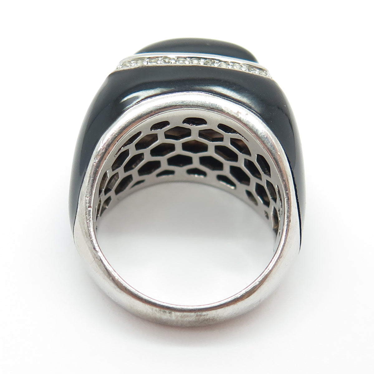 925 Sterling Silver Enamel Real Black Onyx & White Topaz Ring Size 7.25