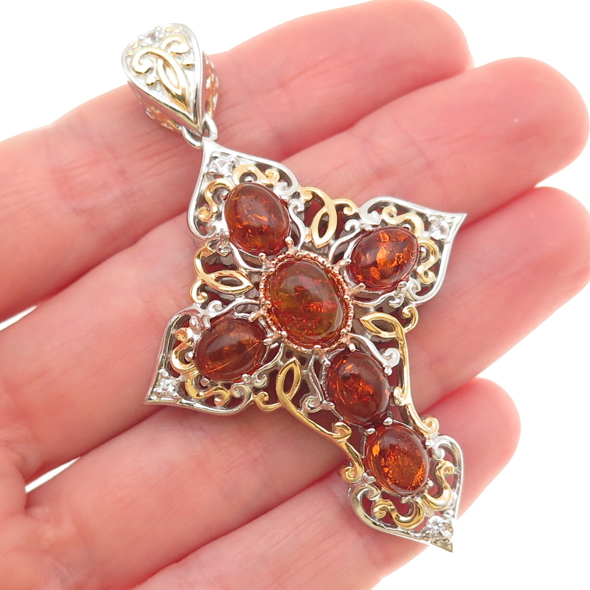 Michael Valitutti Gems En Vogue 925 Sterling 2-Tone Amber & Topaz Cross Pendant