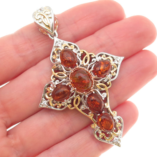 Michael Valitutti Gems En Vogue 925 Sterling 2-Tone Amber & Topaz Cross Pendant