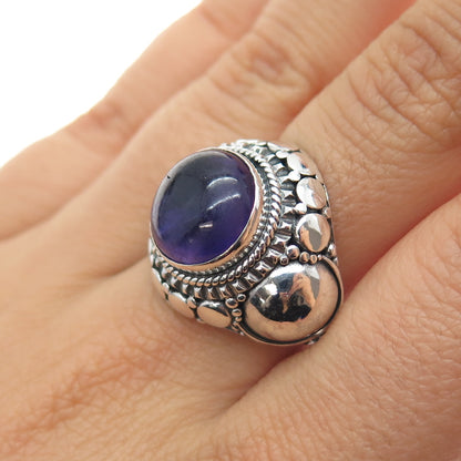 925 Sterling Silver Vintage Real Amethyst Dotted Oxidized Ring Size 8