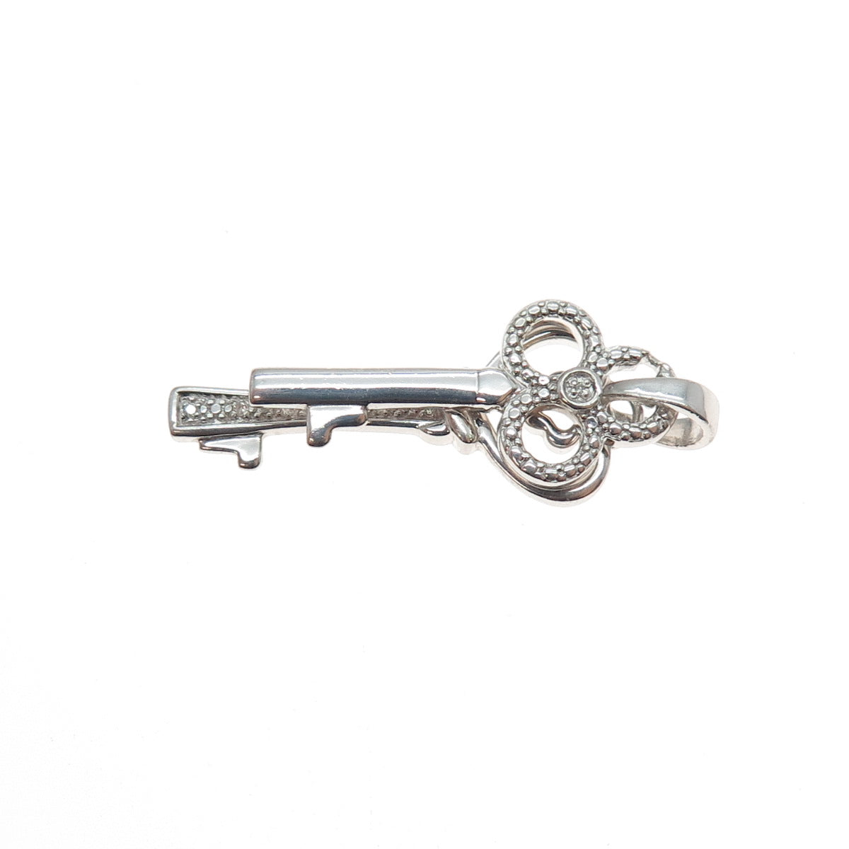 925 Sterling Silver Real Round-Cut Diamond Heart & Club Key Charm Pendant