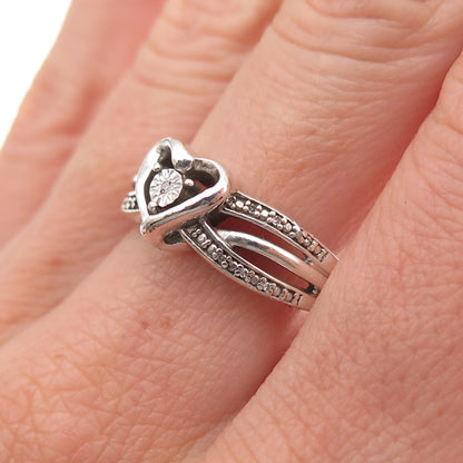 925 Sterling Silver Real Round-Cut Diamond Heart Ring Size 9