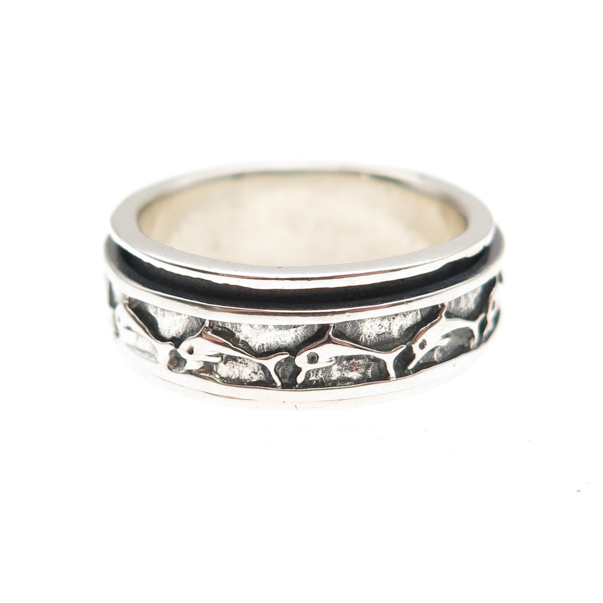 925 Sterling Silver Vintage Dolphin Oxidized Rotating Band Ring Size 9