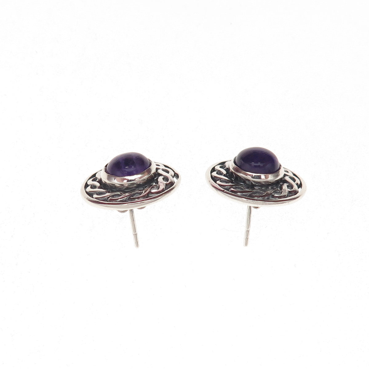 925 Sterling Silver Vintage Real Amethyst Celtic Woven Oxidized Earrings