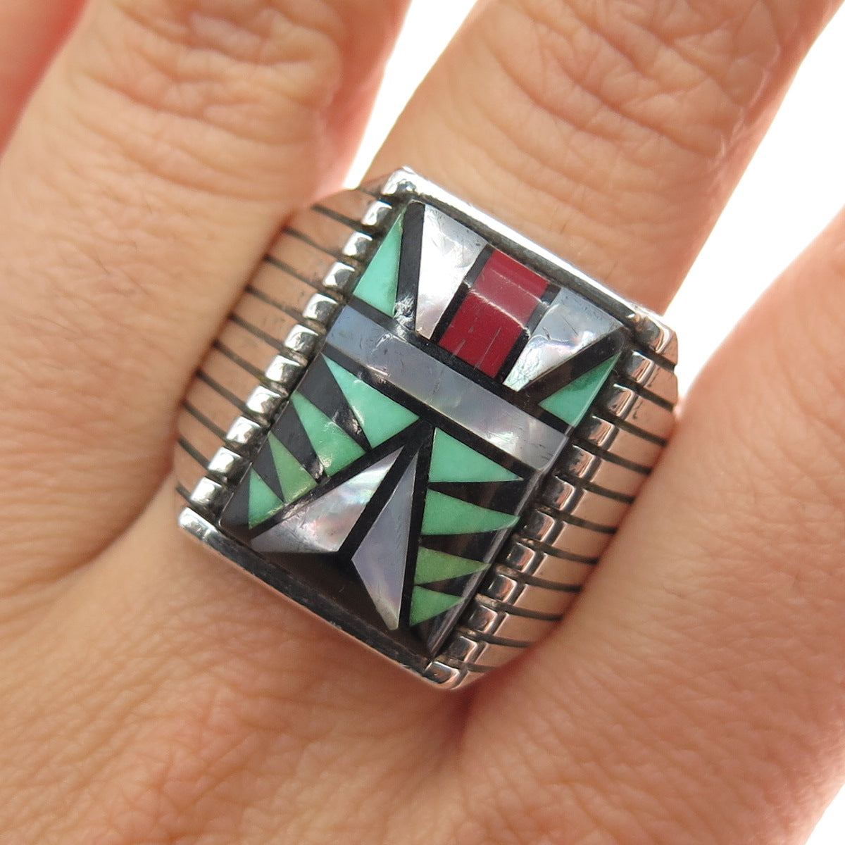 Sophia Becenti Navajo Old Pawn Sterling Silver Vintage Multi-Gem Ring Size 12.5