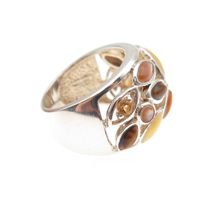 925 Sterling Silver Vintage Real Tiger Eye Citrine & MOP Cluster Ring Size 6