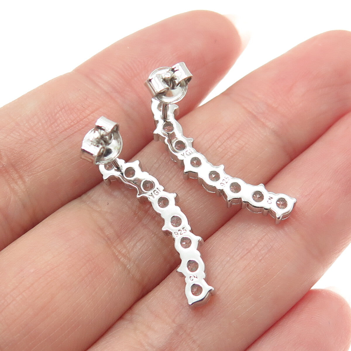 925 Sterling Silver Round-Cut C Z Wavy Bar Earrings