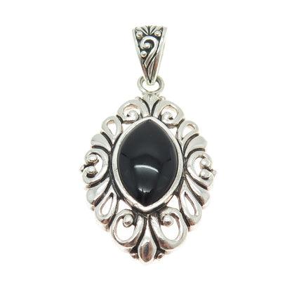 925 Sterling Silver Vintage Real Marquise-Cut Black Onyx Floral Pendant