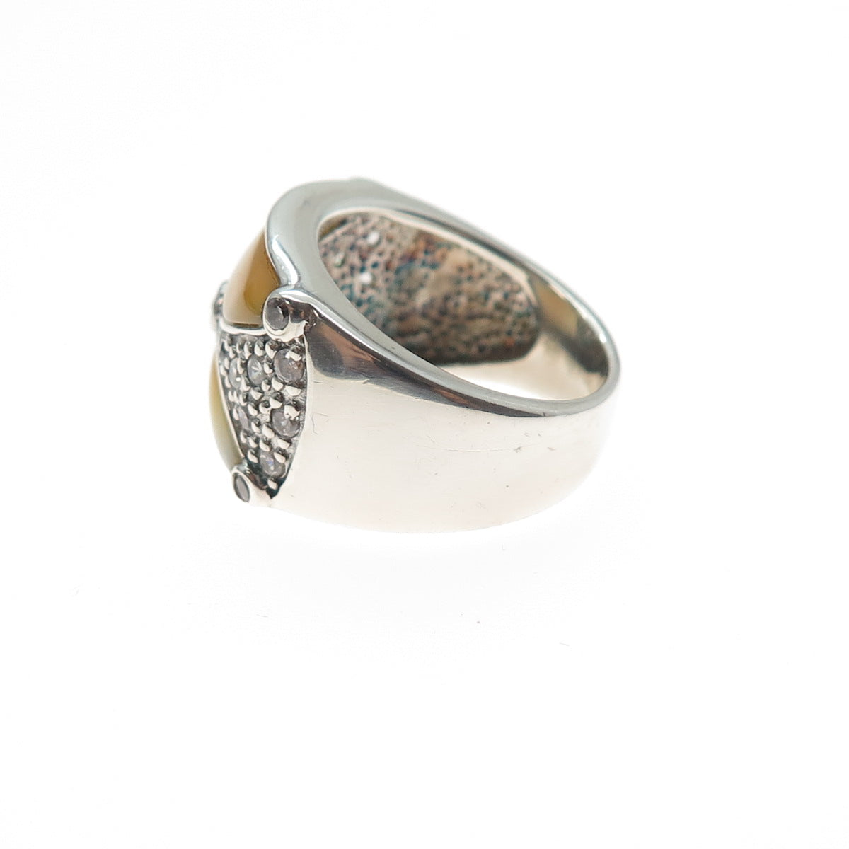 925 Sterling Silver Real MOP & Round-Cut C Z Modernist Ring Size 6