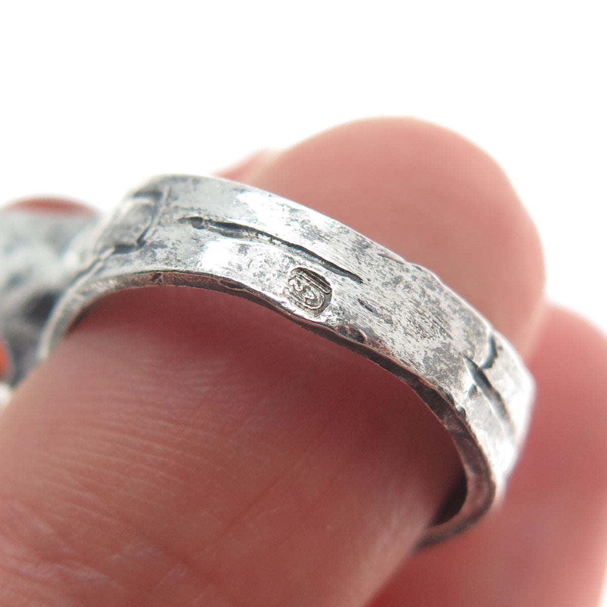 925 Sterling Silver Vintage Israel Real Agate Modernist Oxidized Ring Size 7