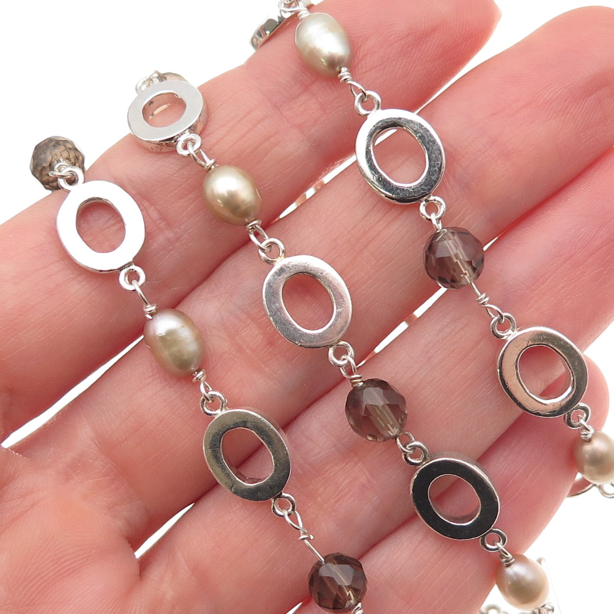 925 Sterling Silver Vintage Real Pearl & Smoky Quartz Beaded Chain Necklace 20"