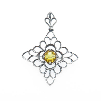 925 Sterling Silver Vintage Canary C Z Floral Cross Pin Brooch / Pendant