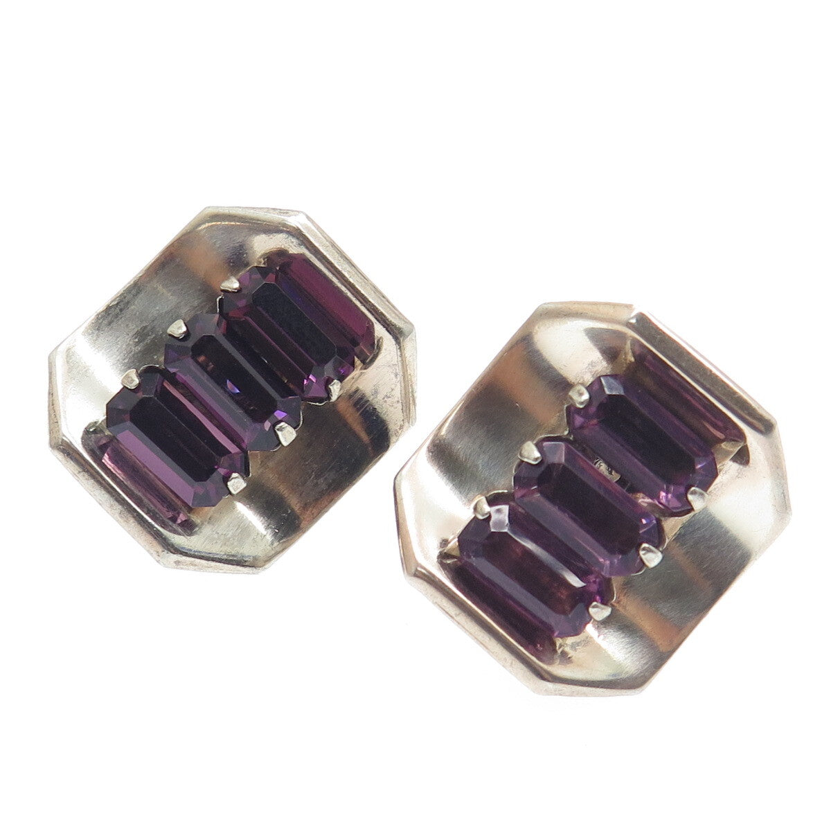 925 Sterling Silver Antique Art Deco Purple Rhinestone Screw Back Earrings