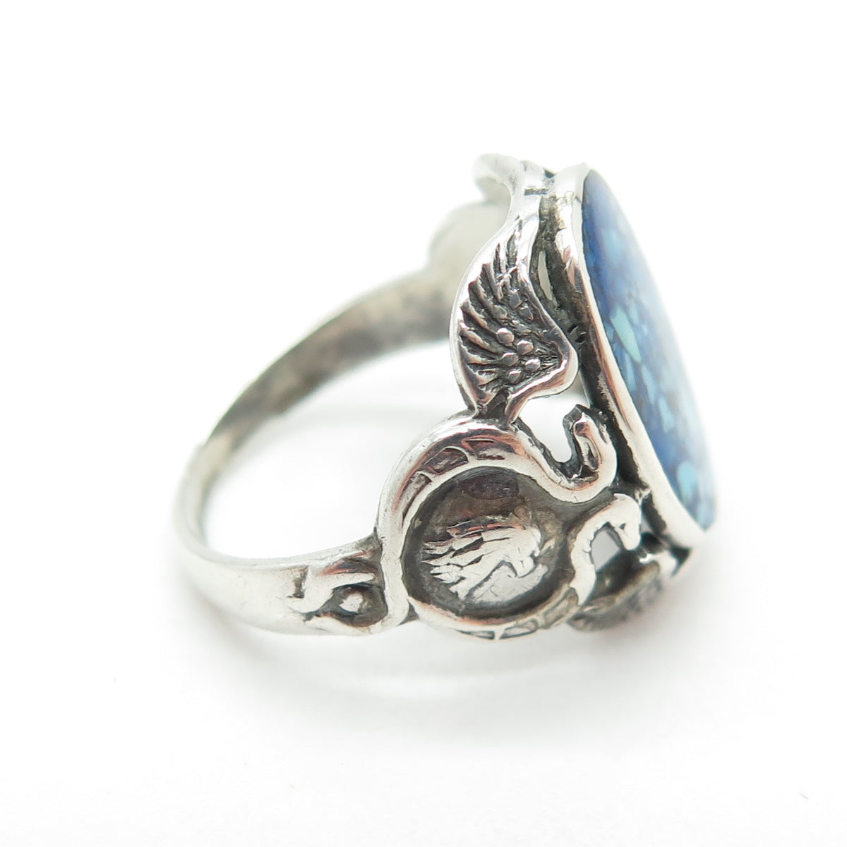 925 Sterling Silver Vintage Real Turquoise Gem Inlay Eagle Ring Size 4.5