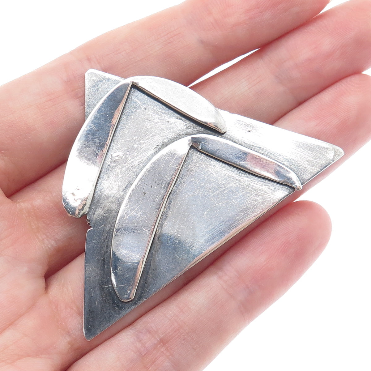 925 Sterling Silver Vintage Modernist Triangle Oxidized Pin Brooch