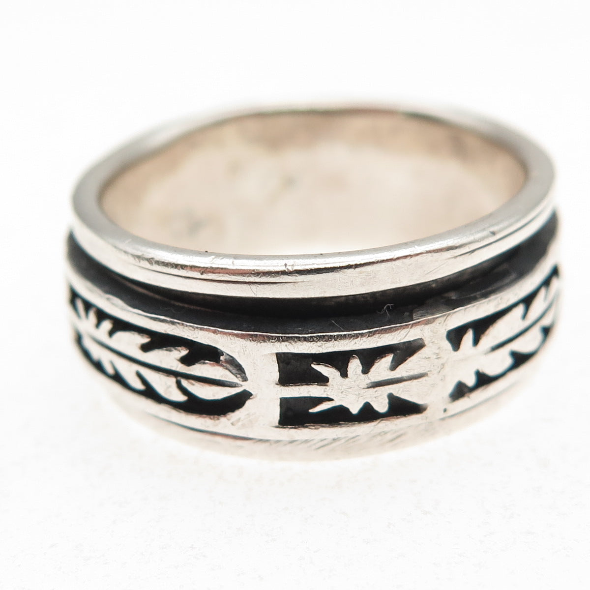 925 Sterling Silver Vintage Feather Oxidized Rotating Band Ring Size 9.75