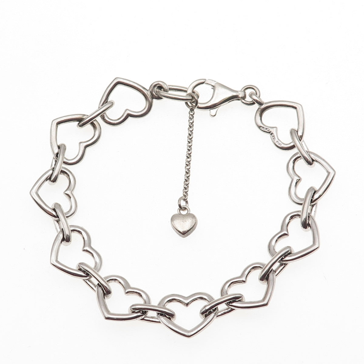 925 Sterling Silver Real Diamond Heart Link Bracelet 7.5"