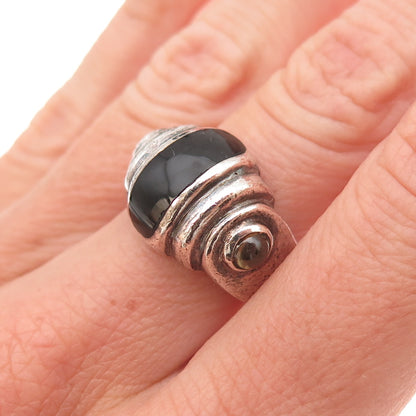 925 Sterling Silver Vintage Real Black Onyx Modernist Oxidized Ring Size 6.5