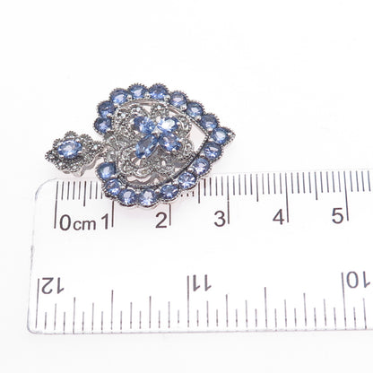 925 Sterling Silver Real Diamond & Tanzanite Heart Cluster Slide Charm Pendant