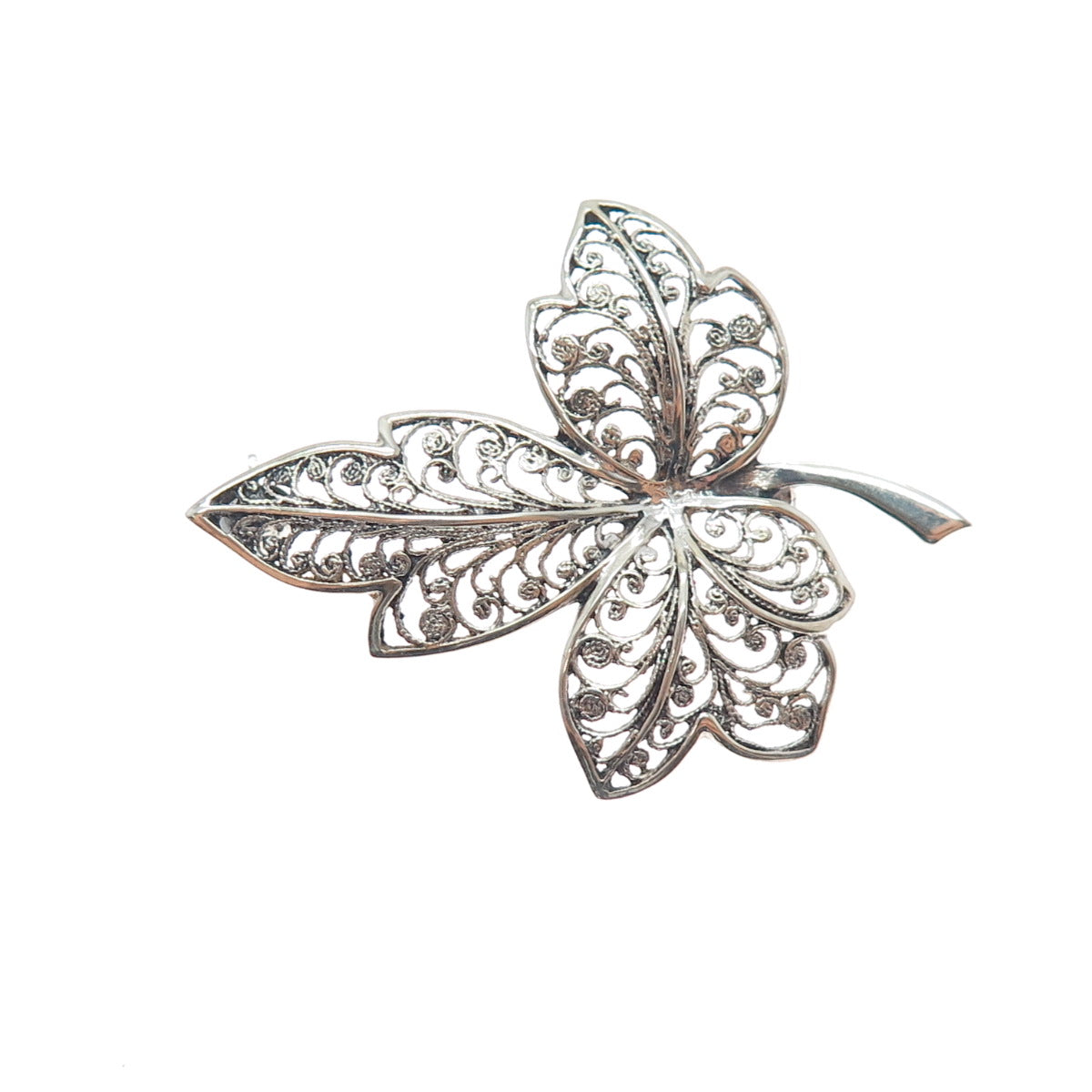 800 Silver Vintage Modernist Floral Leaf Filigree Oxidized Pin Brooch