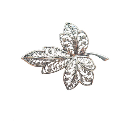 800 Silver Vintage Modernist Floral Leaf Filigree Oxidized Pin Brooch