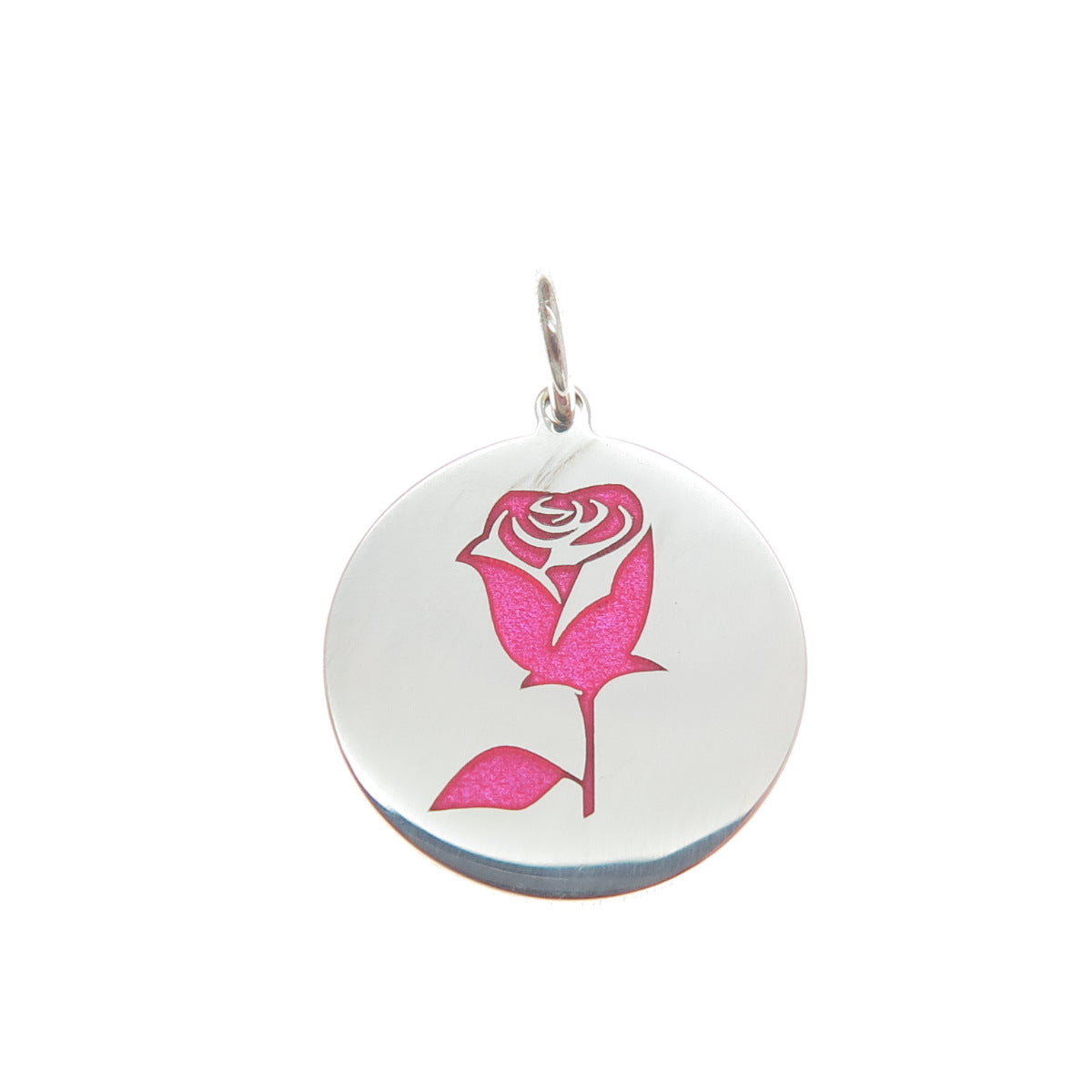 925 Sterling Silver Pink Enamel Rose Flower Round Tag Minimalist Charm Pendant