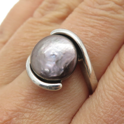 925 Sterling Silver Vintage Real Tahitian Pearl Modernist Ring Size 7.25