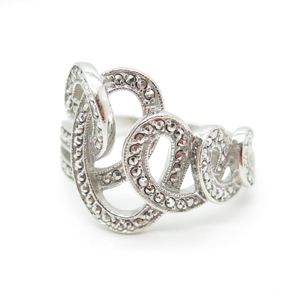 925 Sterling Silver Real Marcasite Swirl Ring Size 9.75