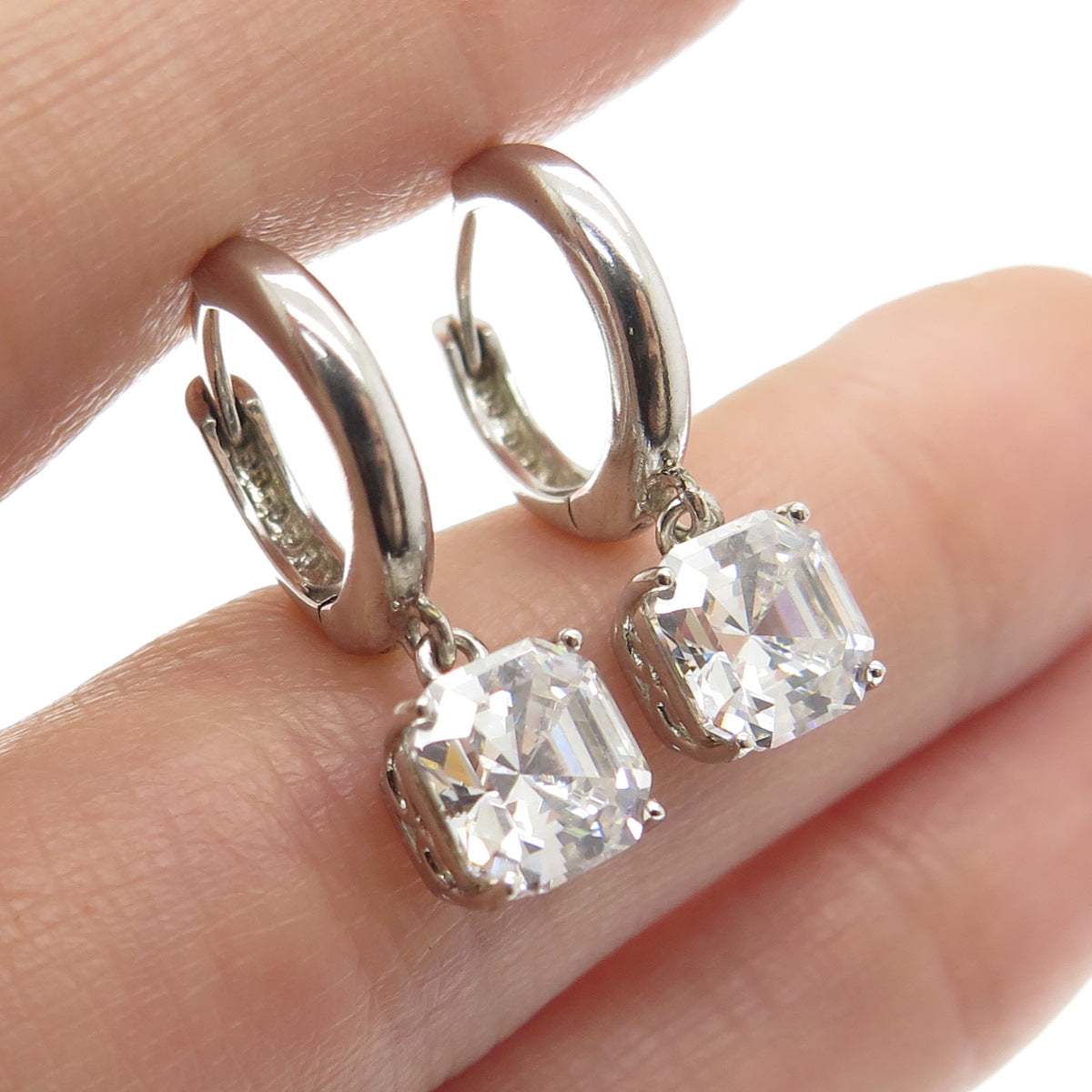 925 Sterling Silver Cushion-Cut Shaped C Z Huggie Earrings