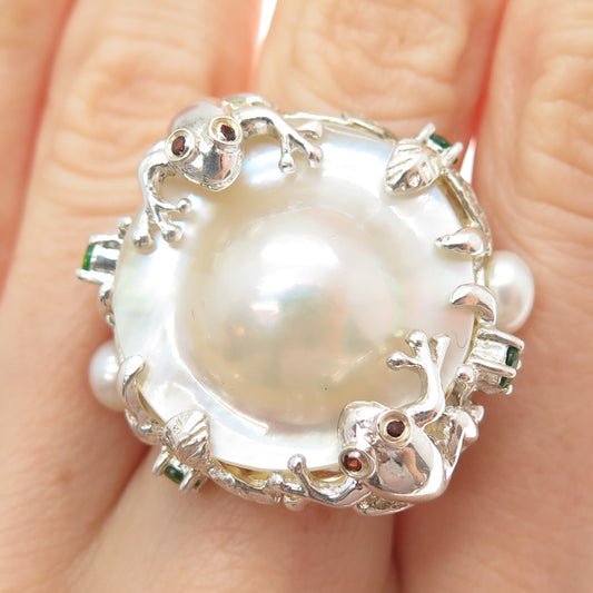 CHAPAL ZENRAY Sterling Vintage Real Blister Pearl Peridot Garnet Ring Size 7.25