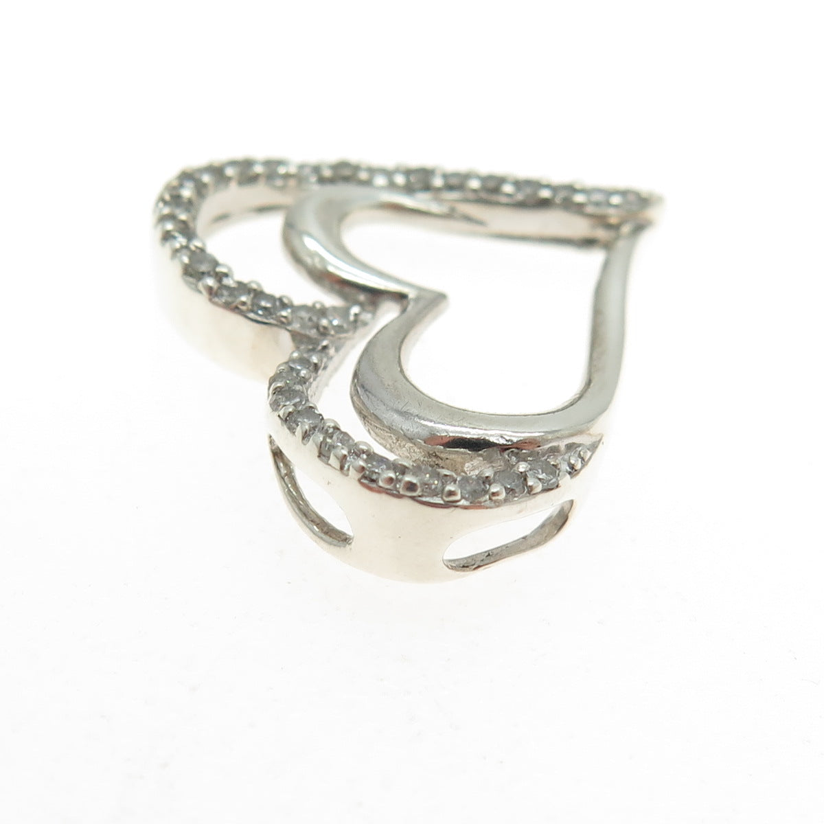 SUN 925 Sterling Silver Real Round-Cut Diamond Double Heart Slide Pendant