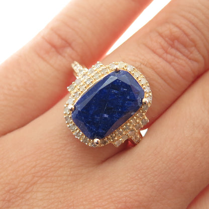 DSMK 925 Sterling Silver Gold Plated Real Diamond & Sapphire Ring Size 5.25