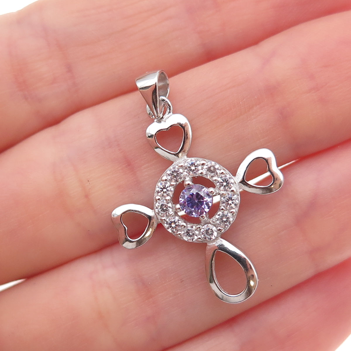 925 Sterling Silver Round-Cut Purple & White C Z Heart Cross Charm Pendant