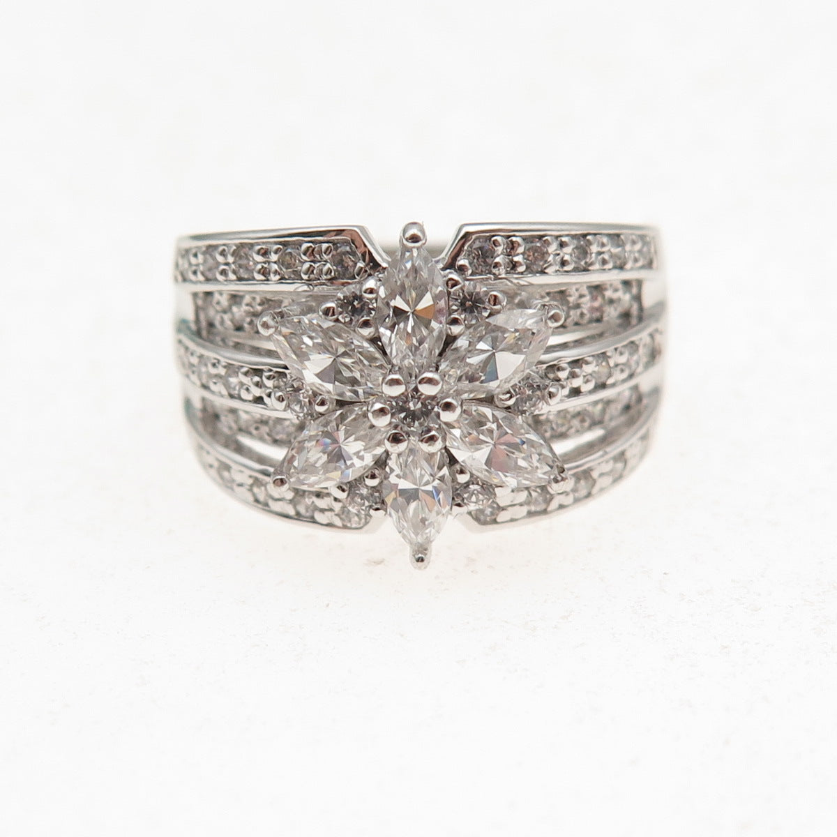 925 Sterling Silver Marquise & Round-Cut C Z Floral Ring Size 7