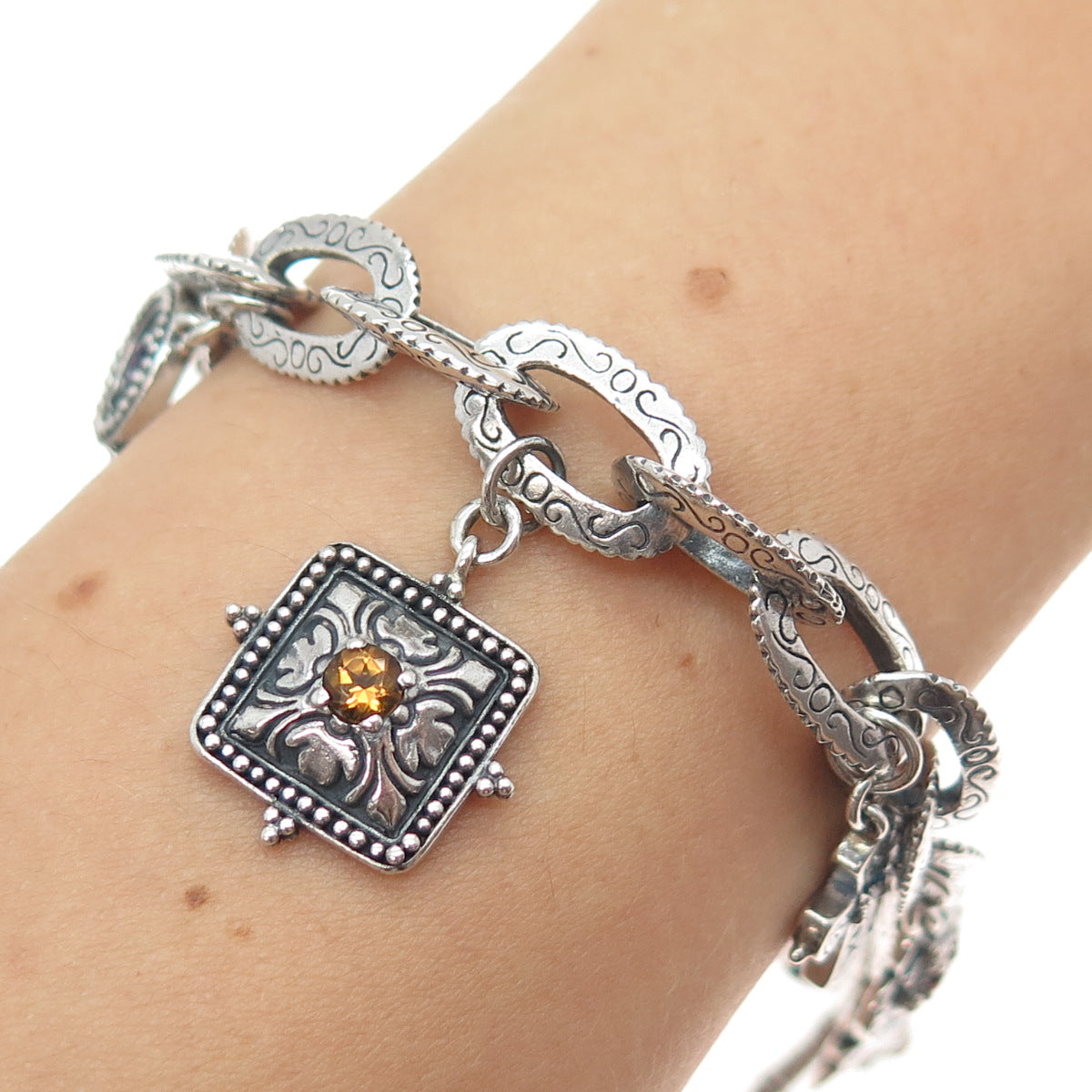 SAMUEL BENHAM BJC Sterling Silver Vintage Real Multi-Gem Cross Bracelet 6.75"