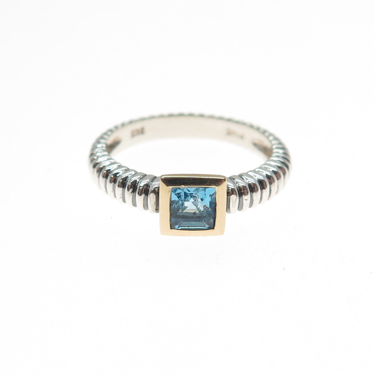 14K Gold 925 Sterling Silver Vintage Real Princess-Cut Blue Topaz Ring Size 5.75