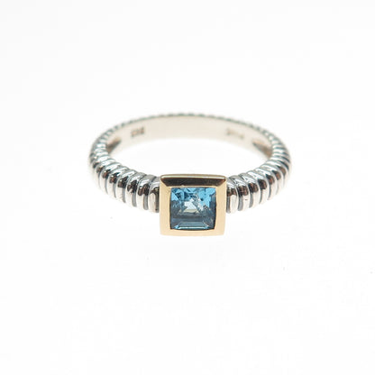 14K Gold 925 Sterling Silver Vintage Real Princess-Cut Blue Topaz Ring Size 5.75