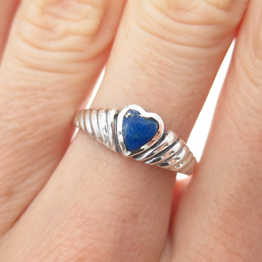 925 Sterling Silver Vintage Real Lapis Heart Ribbed Oxidized Ring Size 7.75