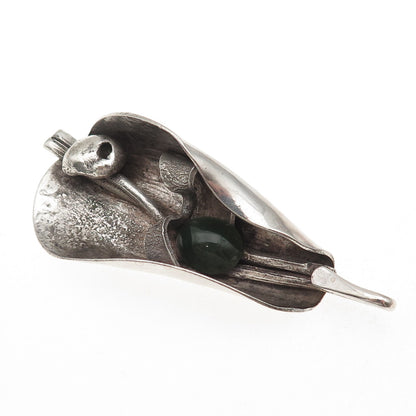 Design Wise 925 Sterling Silver Vintage Real Jade Modernist Oxidized Pendant