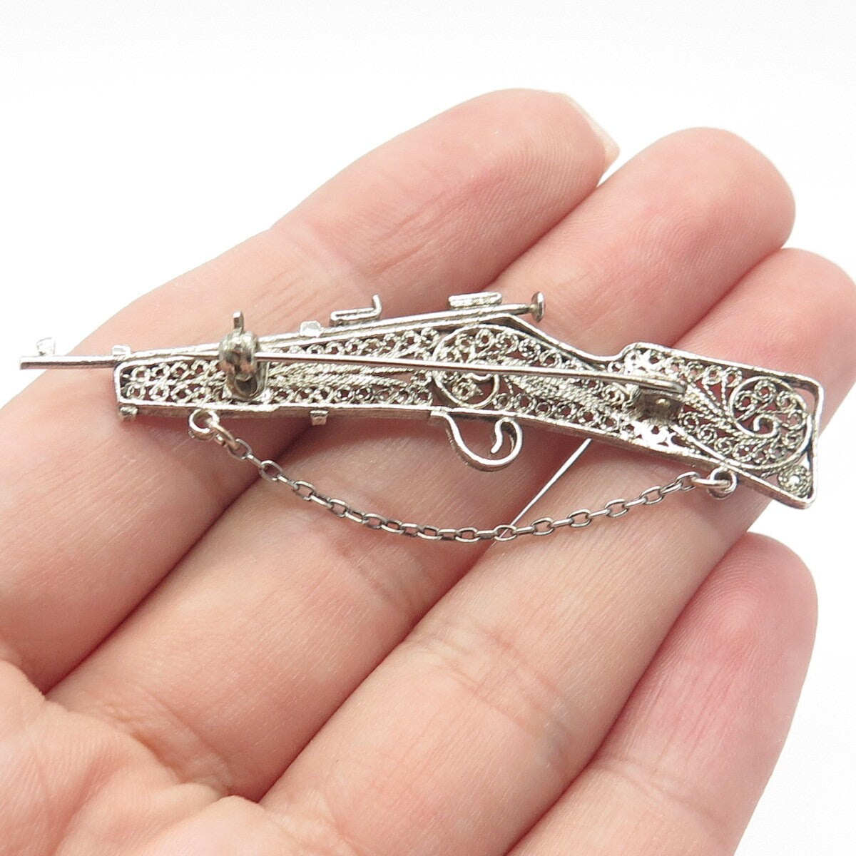 925 Sterling Silver Vintage Rifle Ornate Pin Brooch