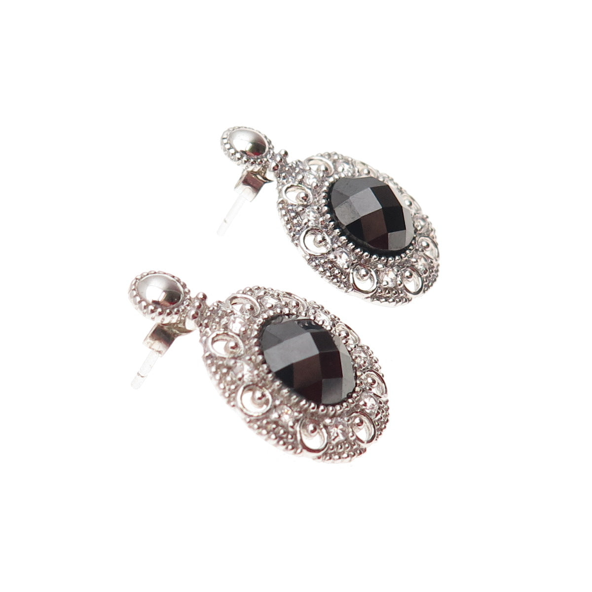925 Sterling Silver Real Black Spinel & C Z Dangle Earrings
