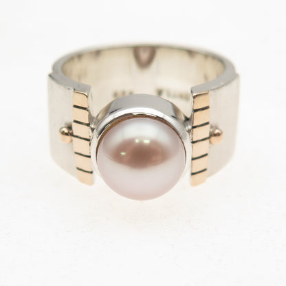 925 Sterling Silver Gold Accent Vintage Real Pearl Modernist Ring Size 8