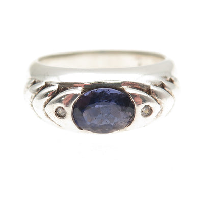 925 Sterling Silver Vintage Real Iolite & C Z Modernist Ring Size 9