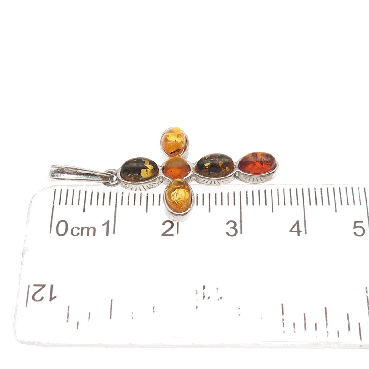 925 Sterling Silver Vintage Real Amber Cross Charm Pendant
