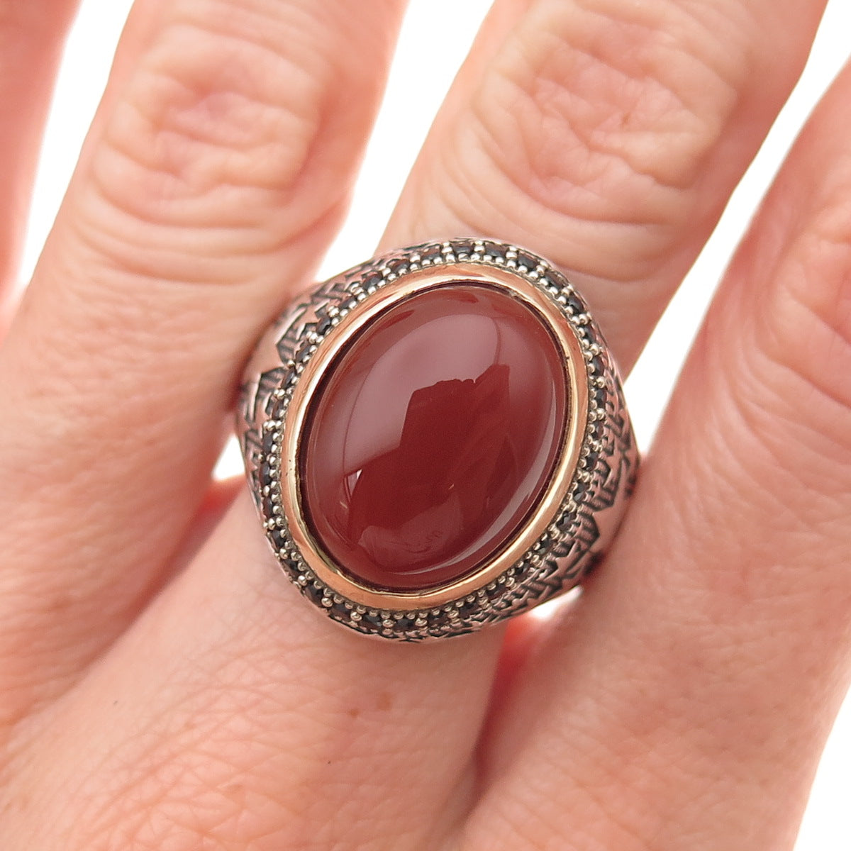 925 Sterling 2-Tone Vintage Real Carnelian & Black Spinel Star Ring Size 11.5