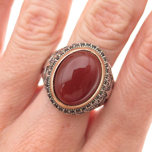 925 Sterling 2-Tone Vintage Real Carnelian & Black Spinel Star Ring Size 11.5