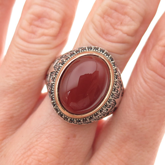 925 Sterling 2-Tone Vintage Real Carnelian & Black Spinel Star Ring Size 11.5