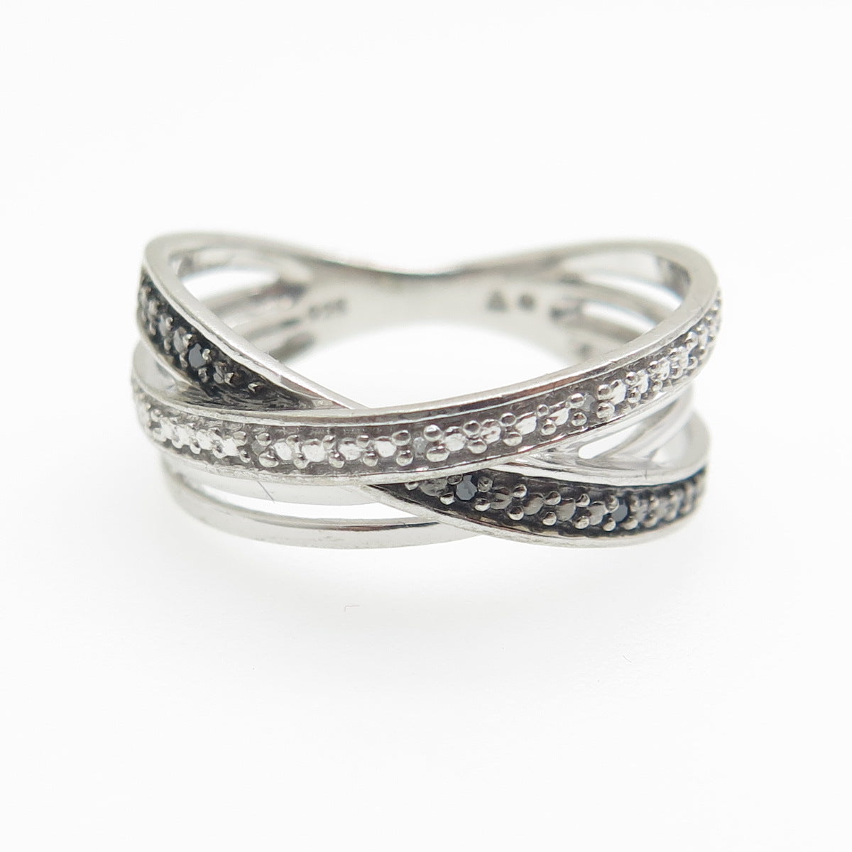 925 Sterling Silver Real Round-Cut Black & White Diamond Crisscross Ring Size 7